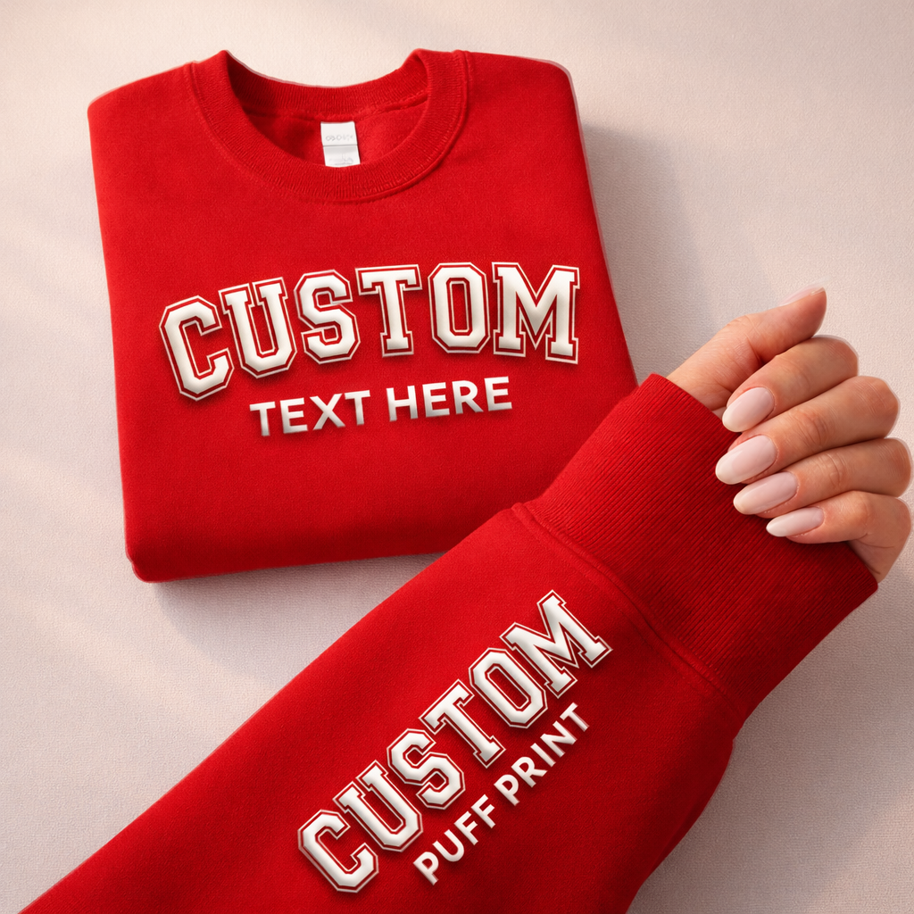 CUSTOM Wrist Sleeve & Front Puff Print Unisex Sweatshirt: Black / White / 2XL