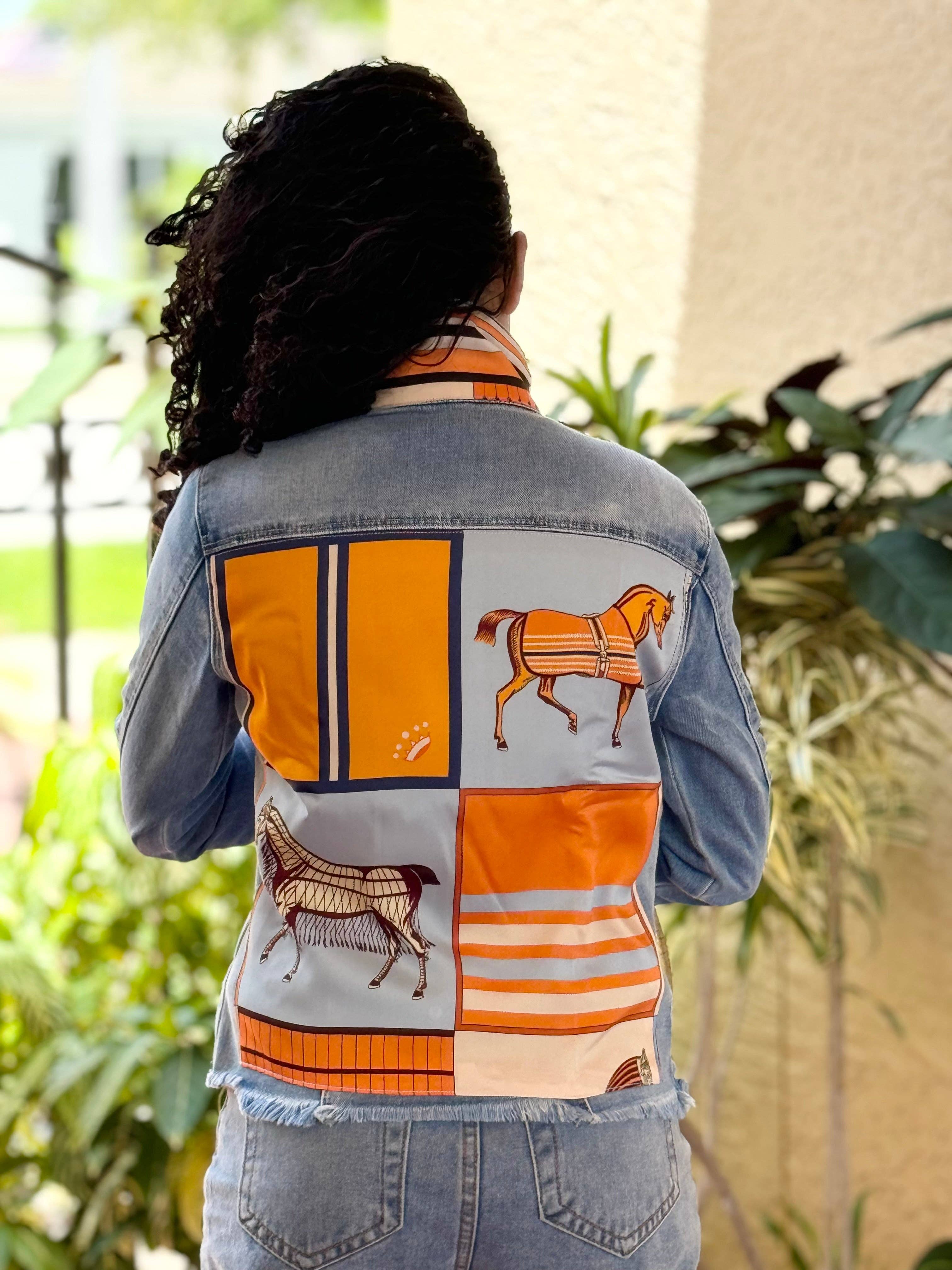 The Light  Denim Jacket /  Light Blue with Orange Horse: Small