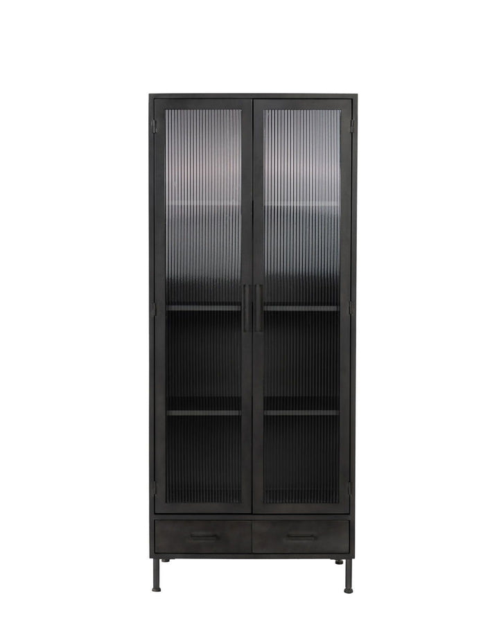 Nore - Metal/Glass 2 Door 2 Drawers Tall Cabinet - Black