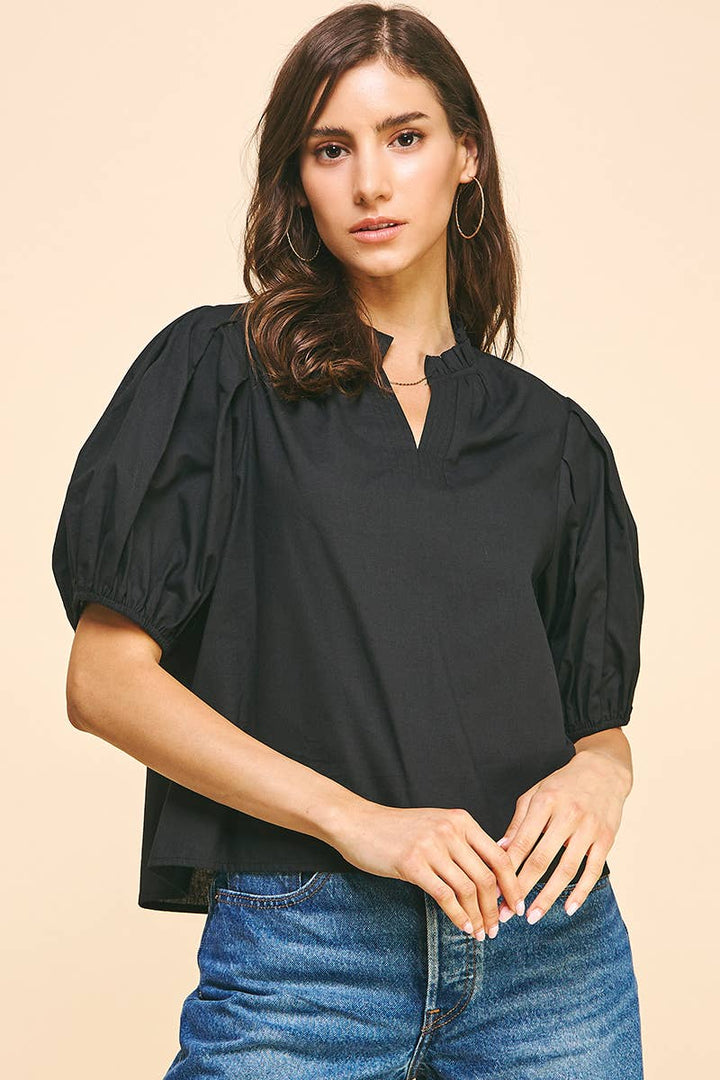 SS V-NECK WOVEN TOP - BLACK: L