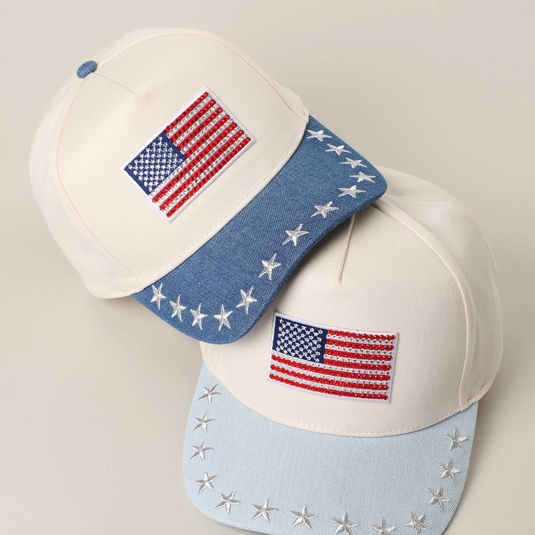 American Flag Rhinestone Patch Denim Star Brim Trucker Cap
