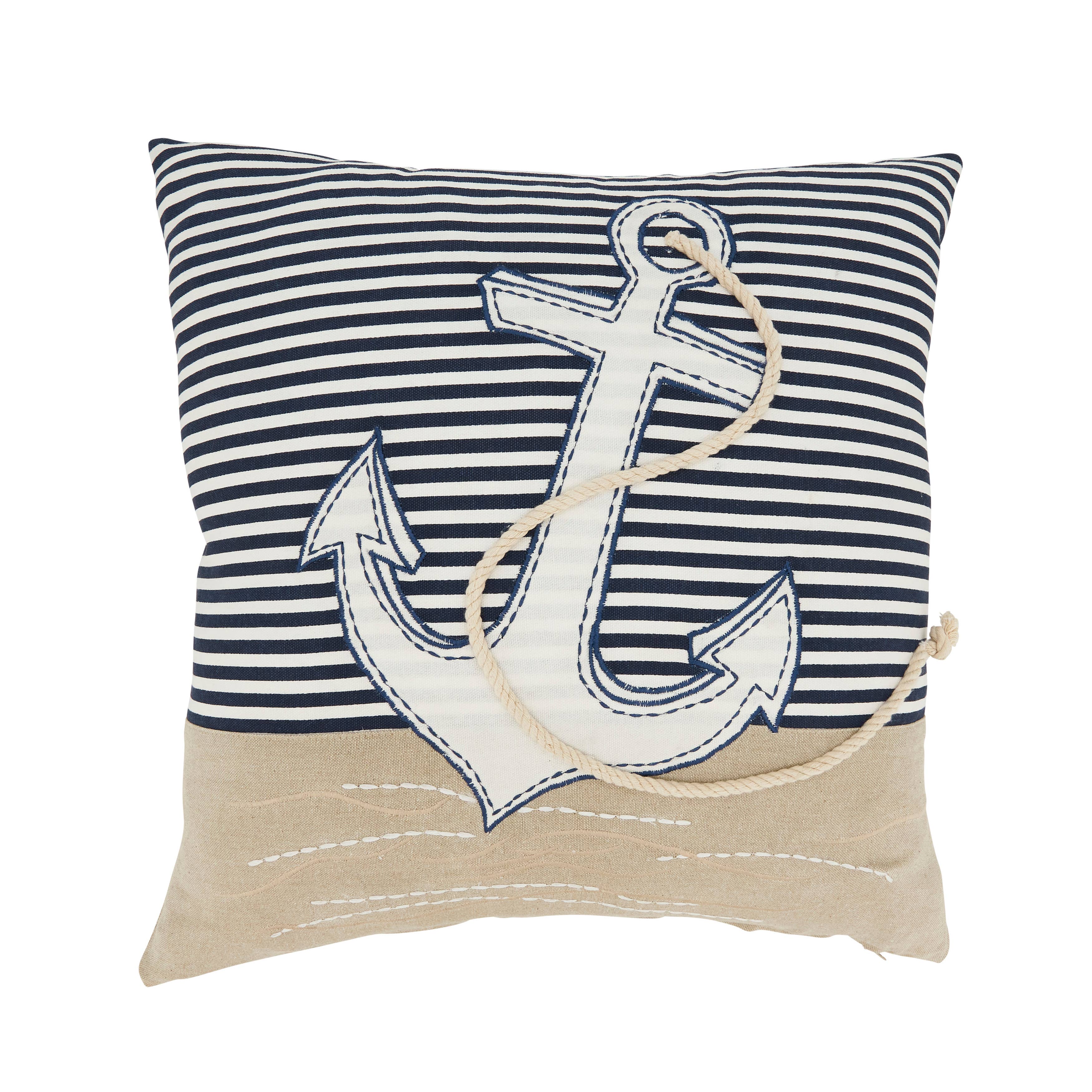 Coastal Embroidered Anchor Pillow: Multi / Poly Filled / 18"