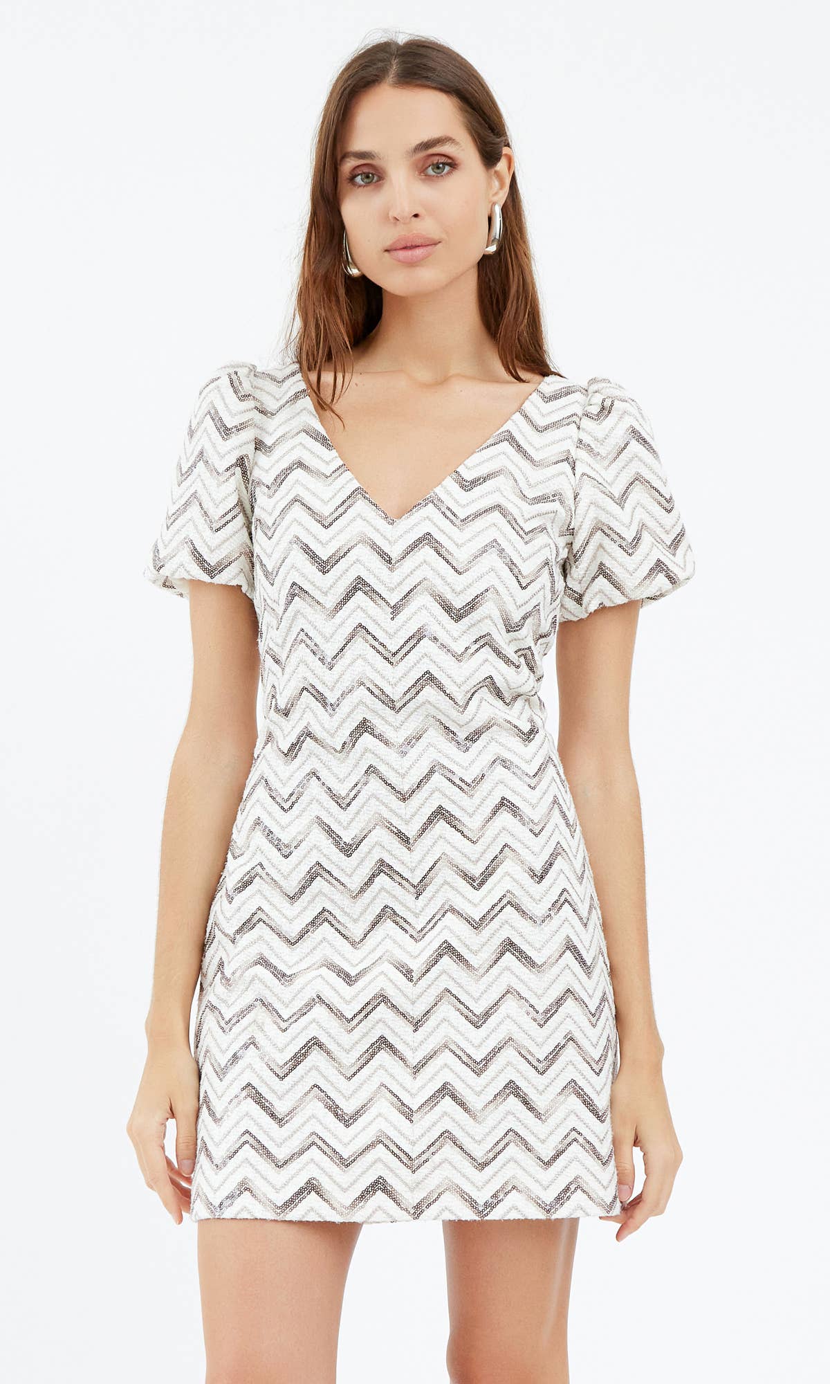 Cali Sequins Chevron Mini Dress: Large / Ivory