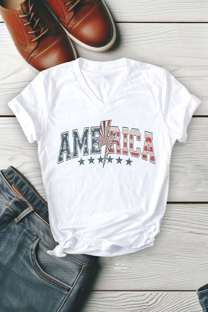 Leopard Lightning Bolt America 4th of July, Unisex V-neck T-Shirt: M / White / Graphic T-Shirt