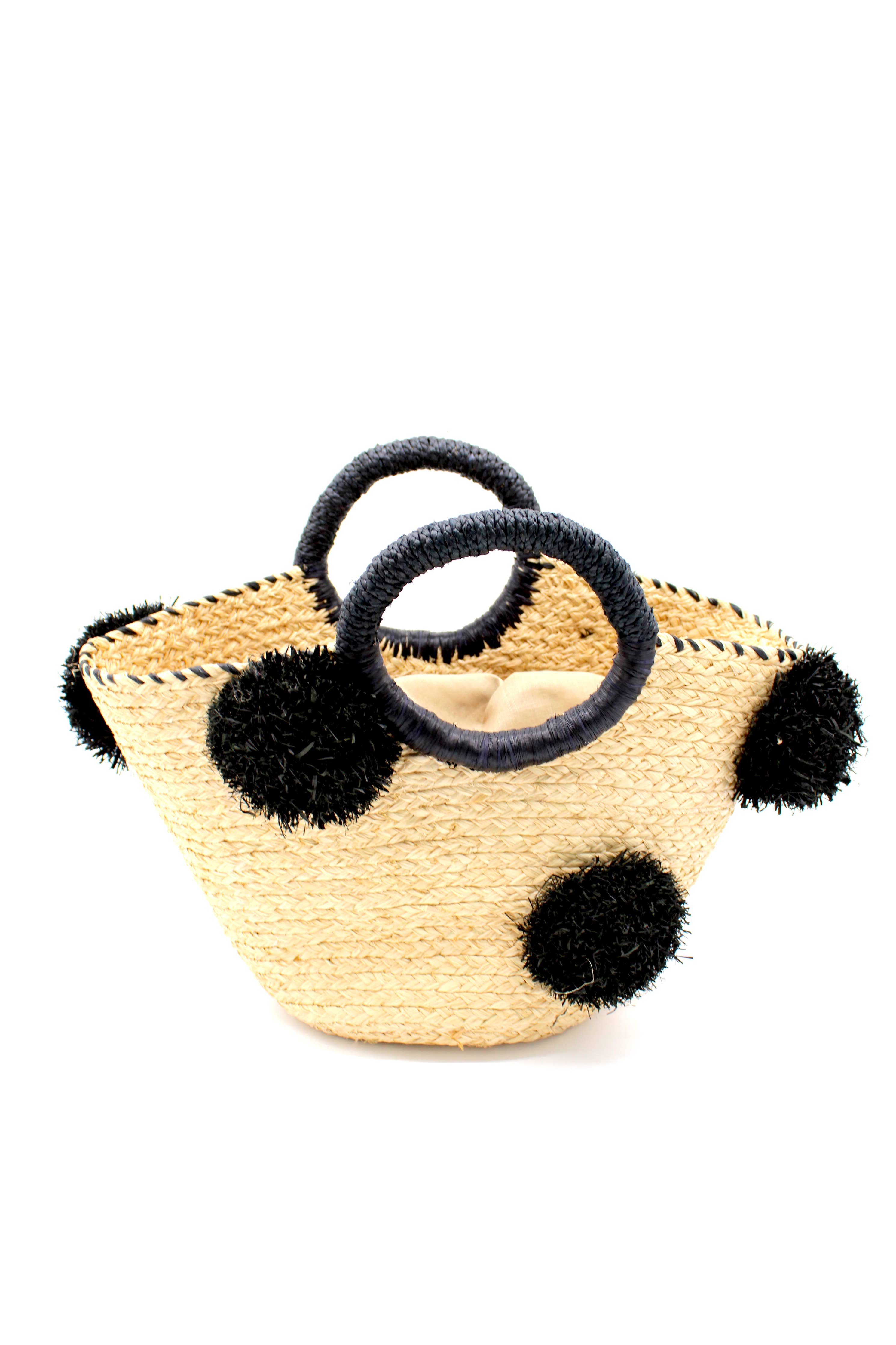Phi Phi Braided Straw Basket with Oversized Raffia Poufs: Natural