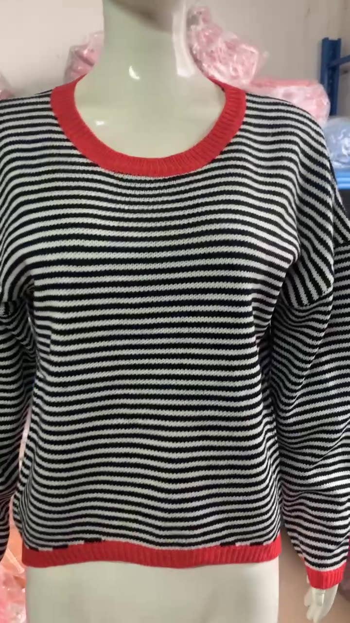 CWOSWL0811_ Long Sleeve Loose Neck Pullover Sweater: GREY / (L) 1