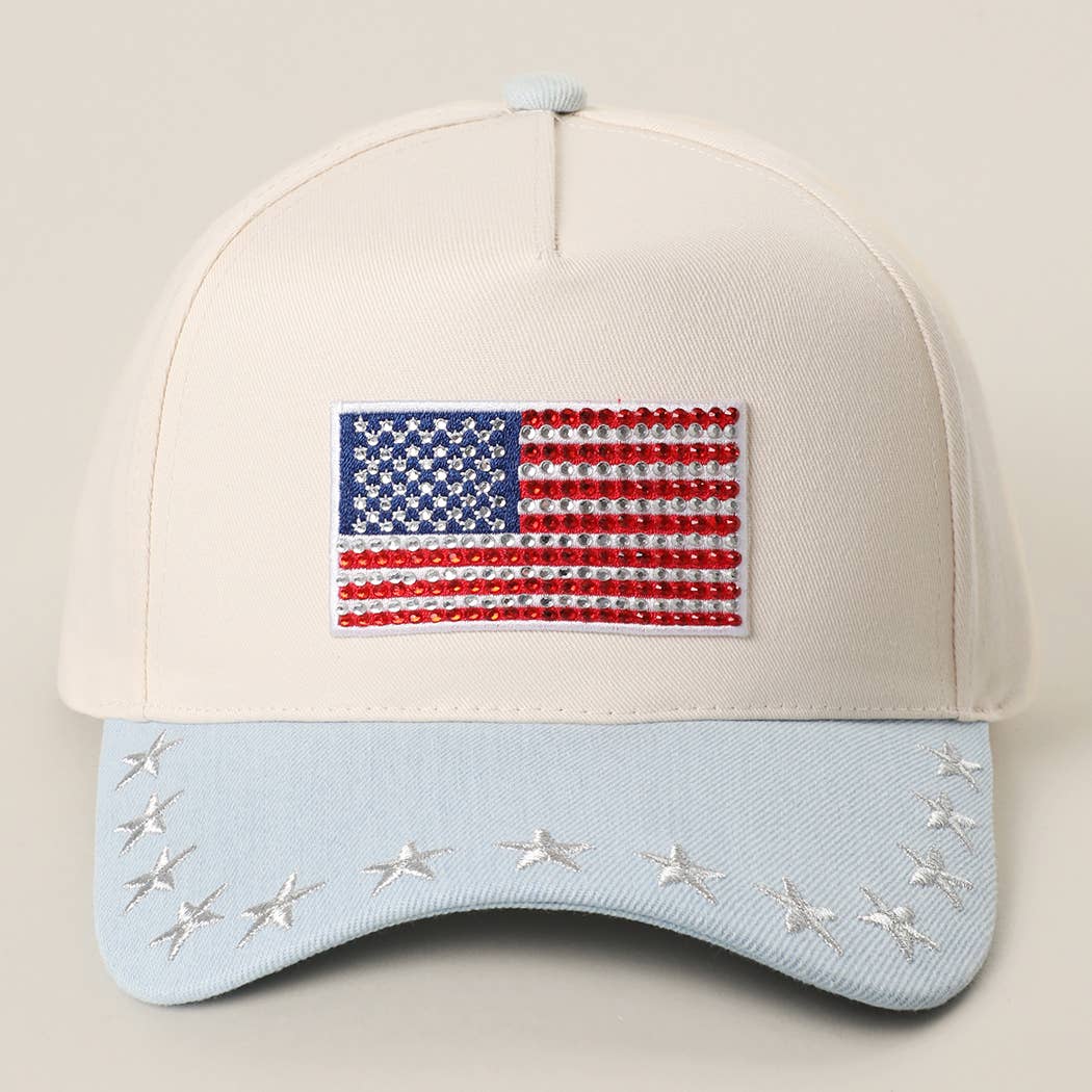 American Flag Rhinestone Patch Denim Star Brim Trucker Cap