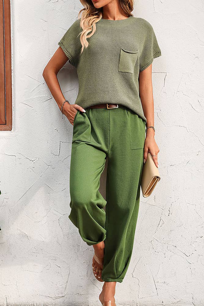 Plain Pocket Knit Top With Joggers 2pcs Pant Set MD092: Black / S