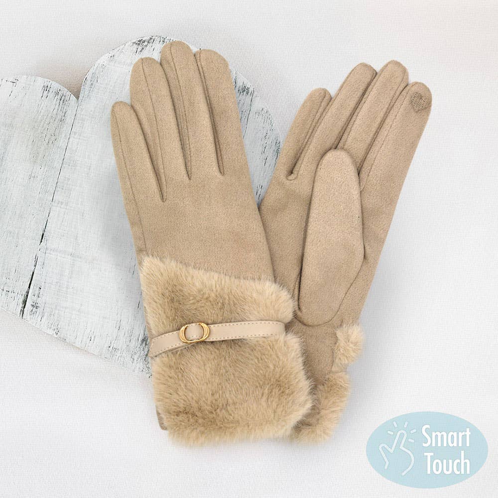 Faux Fur And Strap Cuff Smart Touch Gloves: Taupe