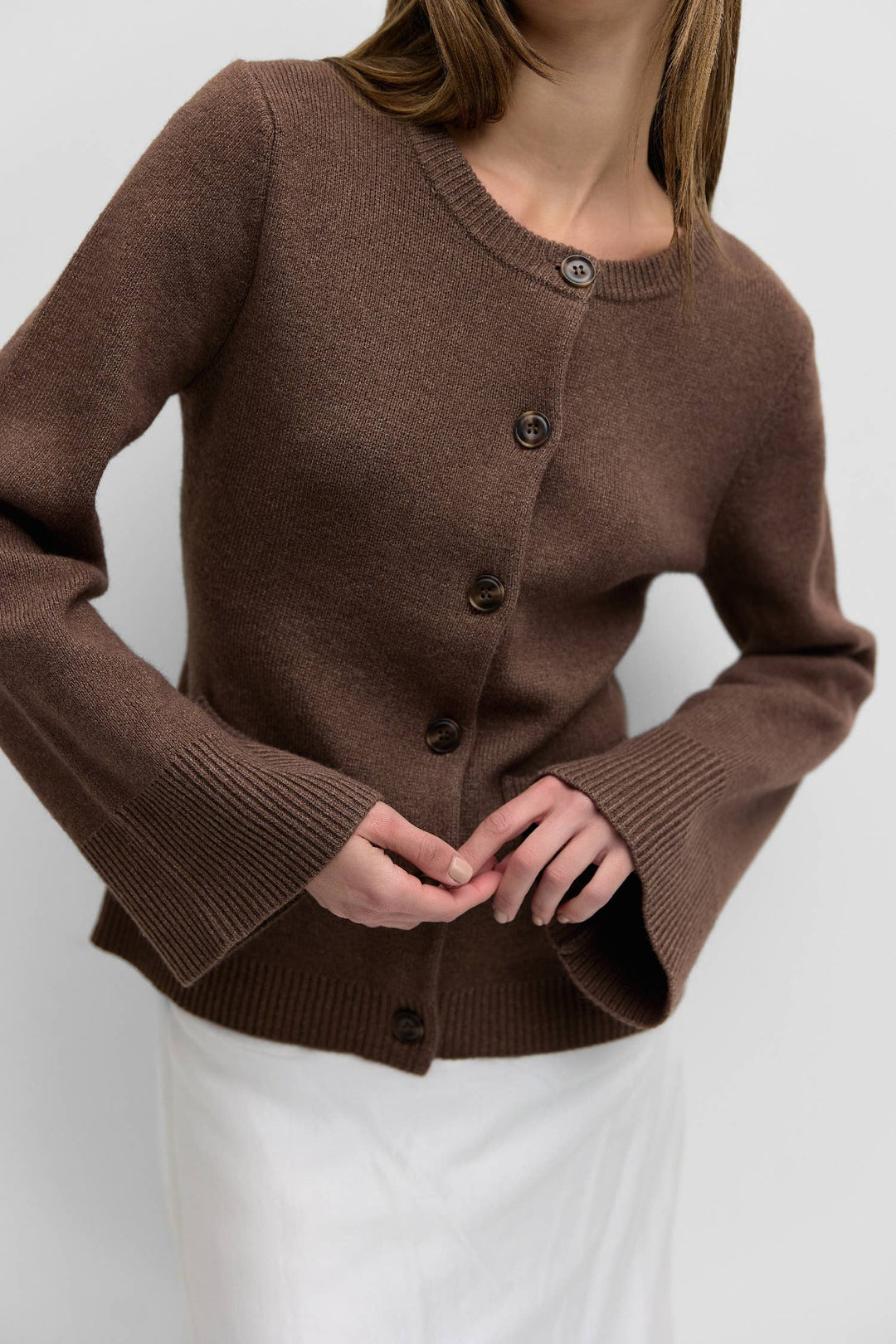 The Tyler Cardigan | Bell Sleeve Buttoned Cardigan: CHESTNUT BROWN / MEDIUM
