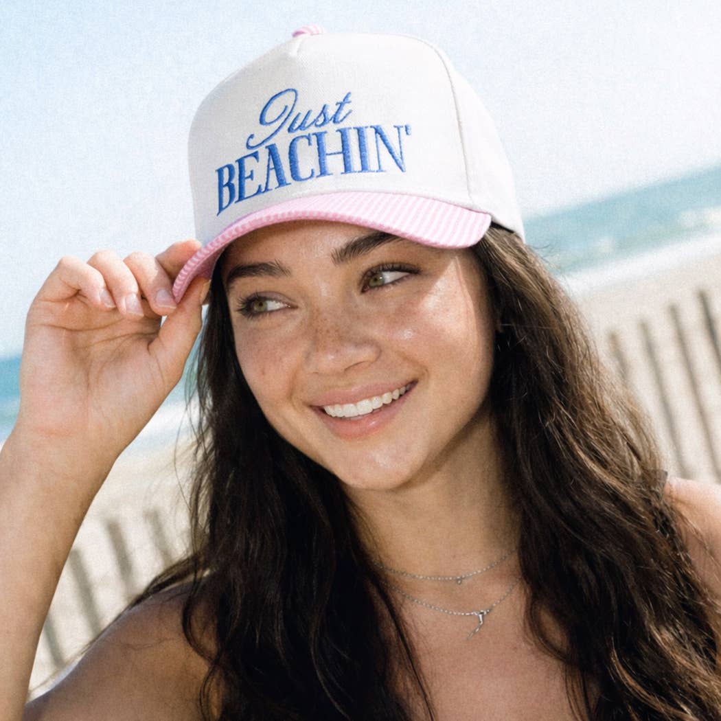 JUST BEACHIN' Embroidered Stripe Brim Trucker Hat