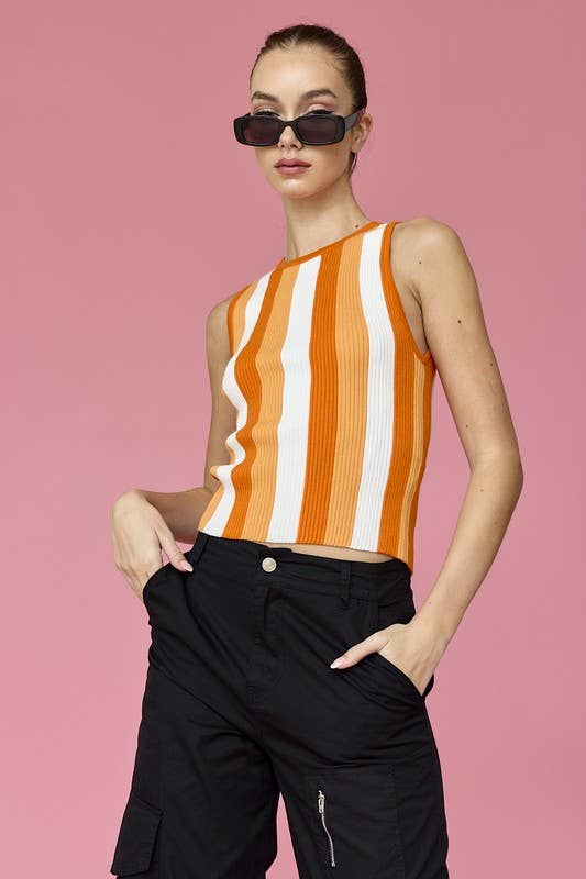 PT18139 - Isabella Striped Rib Knit Top: L / Orange