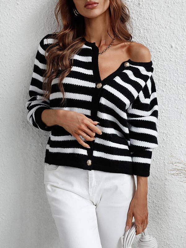 Long Sleeves Loose Buttoned Pockets Striped Round-Neck Cardigan Tops: BLACK / L