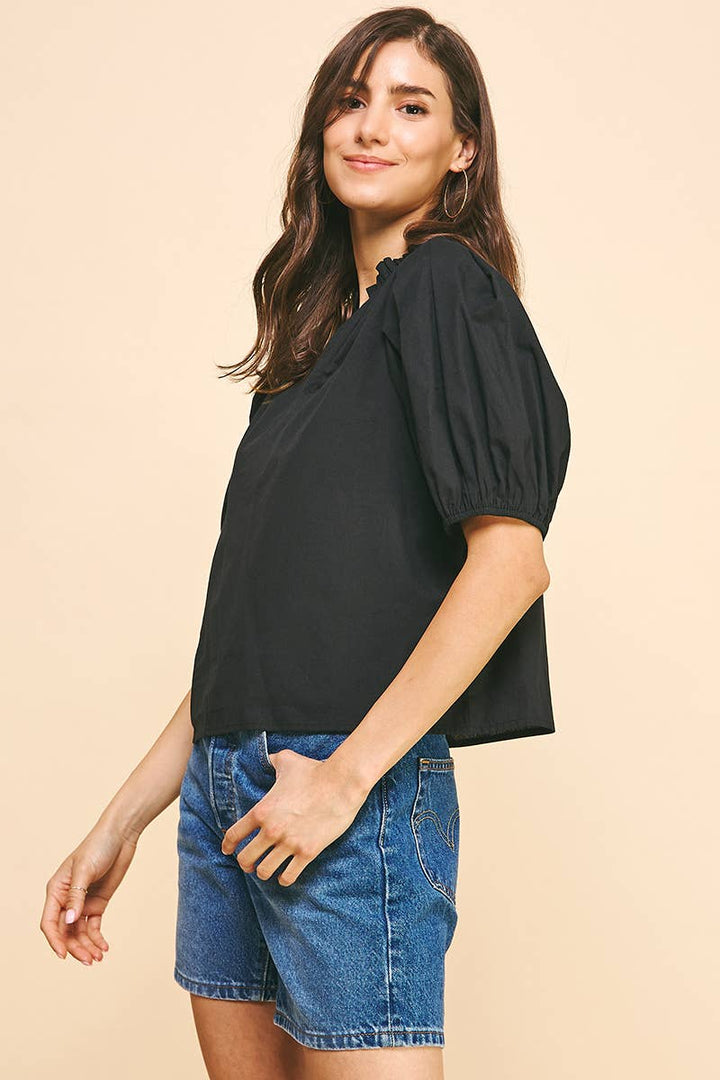 SS V-NECK WOVEN TOP - BLACK: L