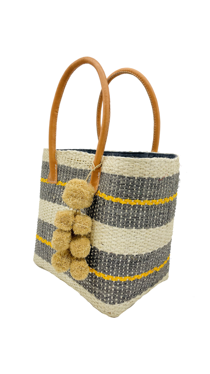 Imperial Sisal Basket Bag with Waterfall Pompoms- 2 sizes: Fuschia / Small