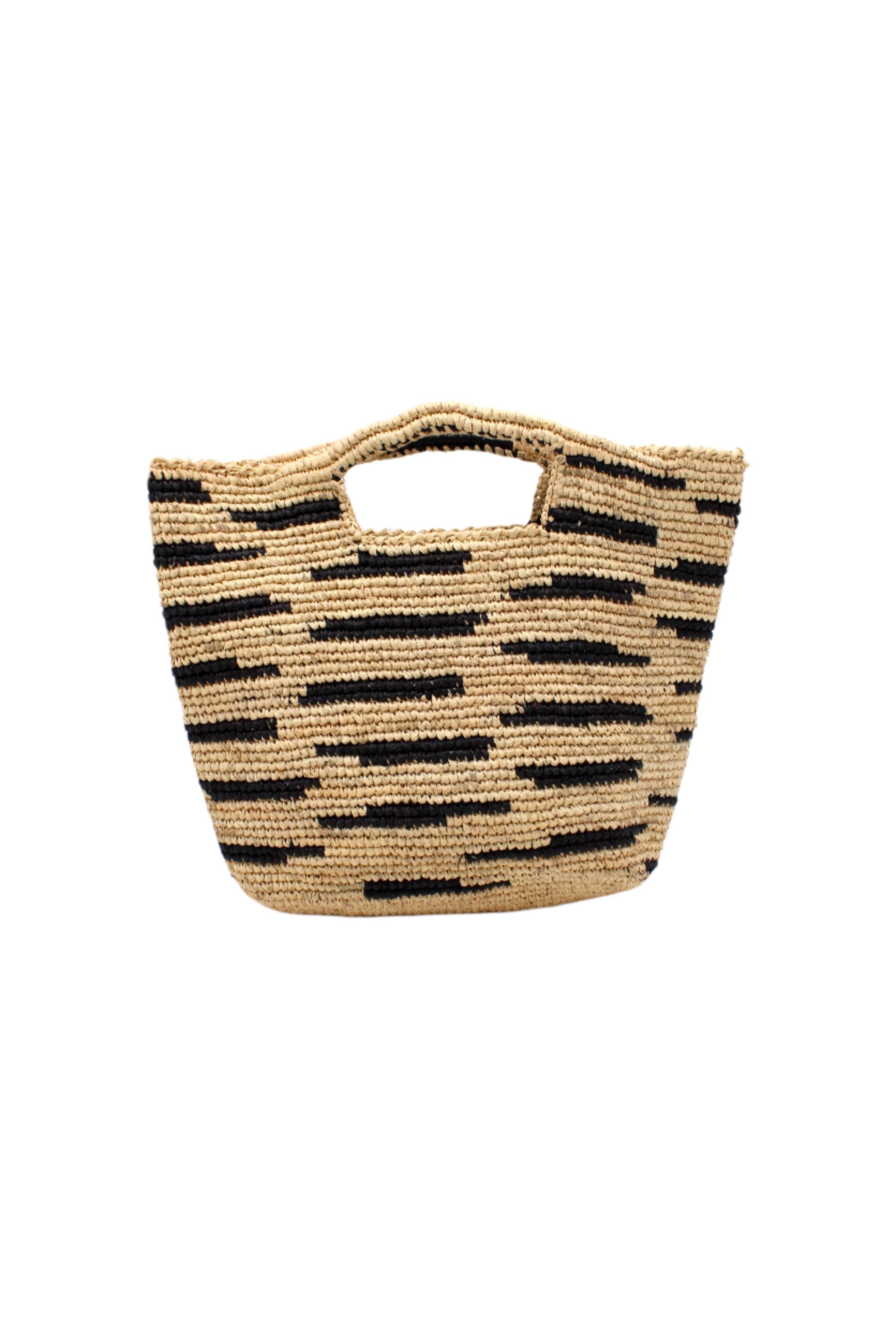 Mini ConCon Crochet Petite Straw Basket: Natural Two Tone Zebra Stripe