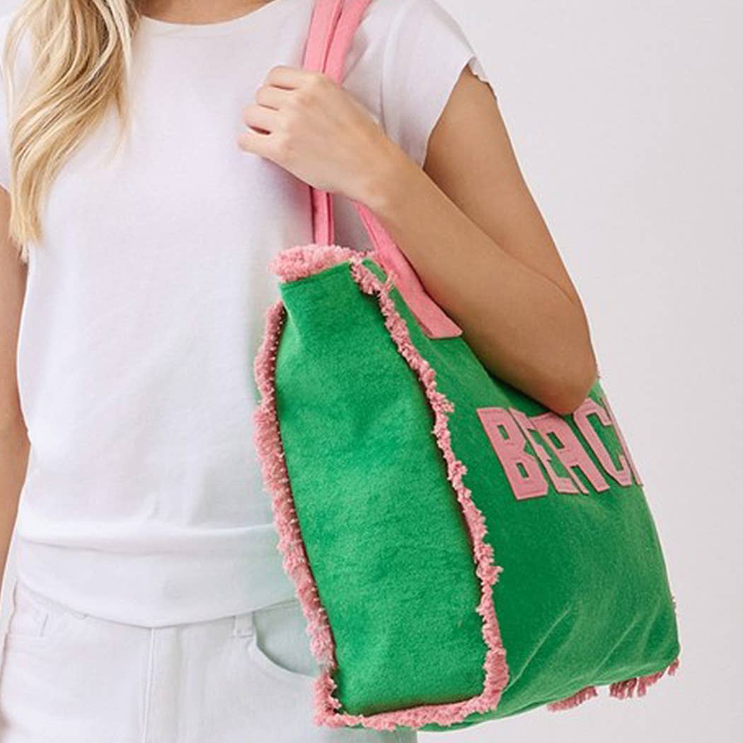 Embroidered Beach Letter Terry Cloth Frayed Tote Bag