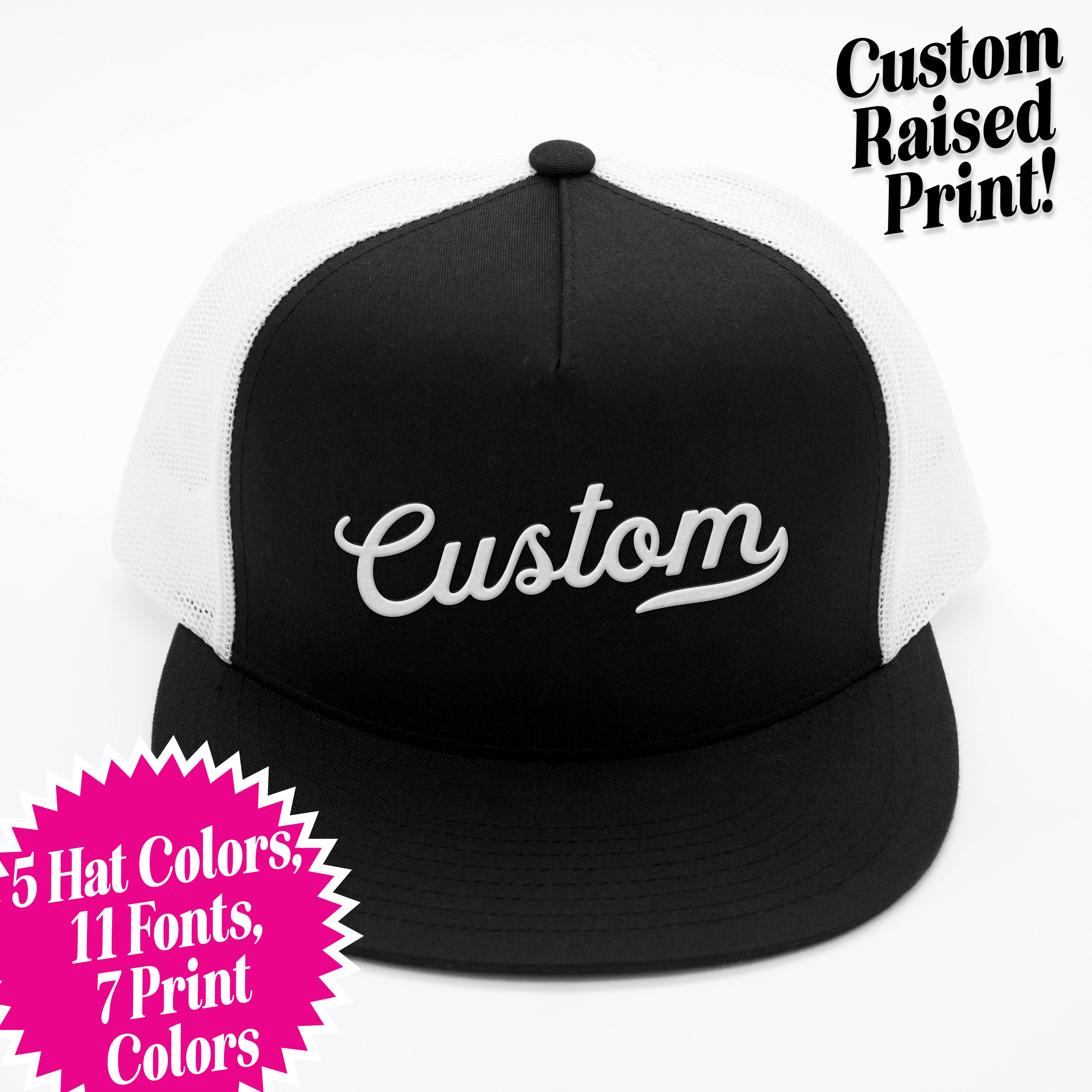 CUSTOM TEXT Raised Print Snapback Trucker Hats: All Black / White