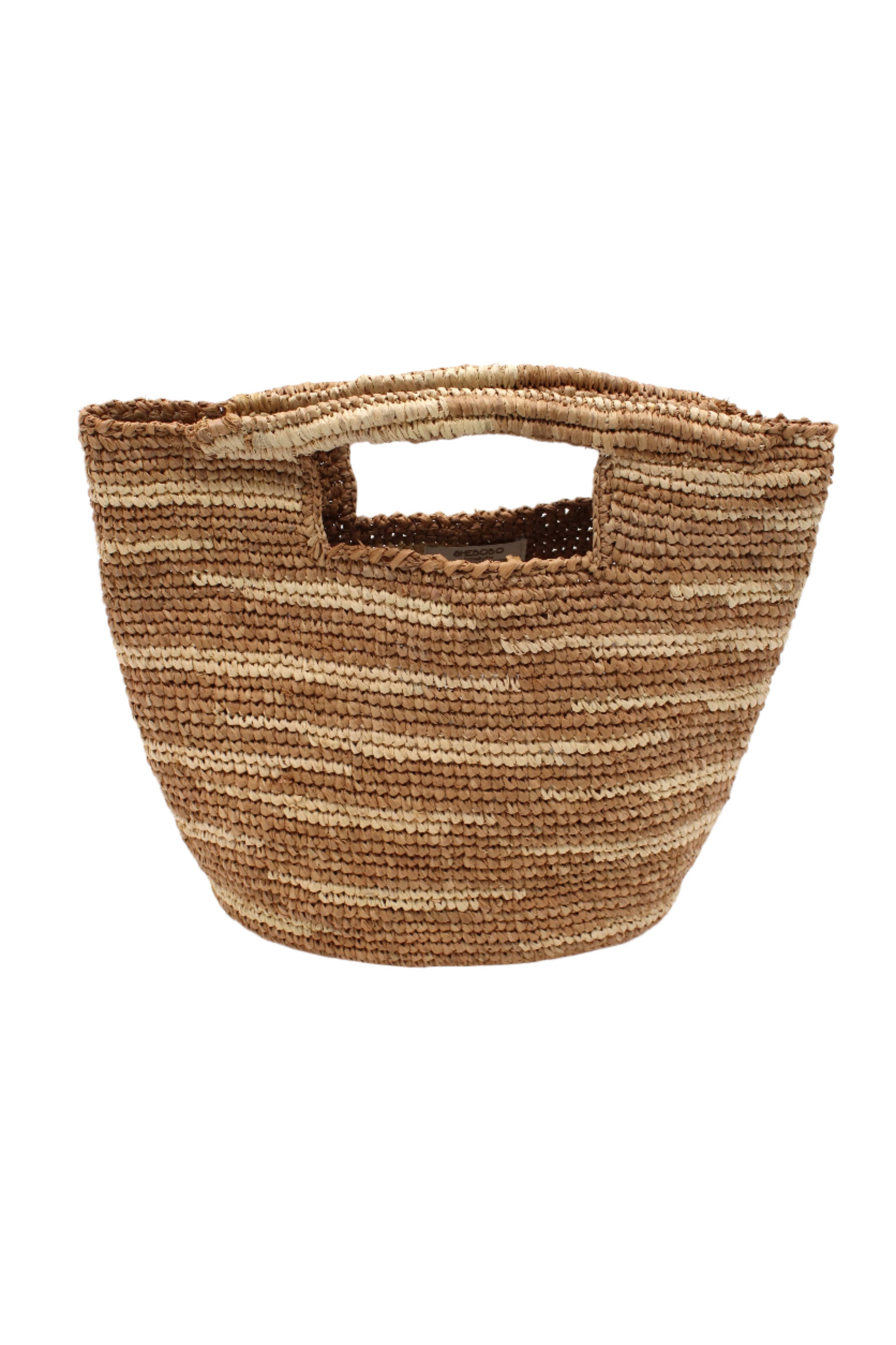 Mini ConCon Crochet Petite Straw Basket: Natural Two Tone Zebra Stripe