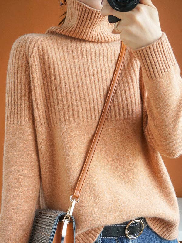 Casual Long Sleeves Loose Solid Color High-Neck Sweater Tops: GRAY / M