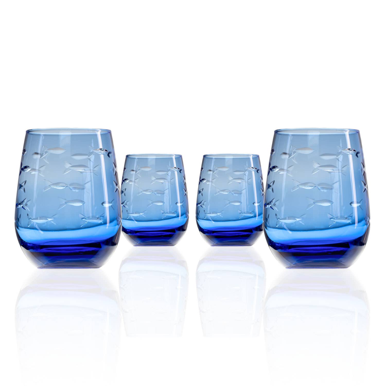 School of Fish 15oz Blue Stemless Wine Tumbler Glass: Case of 12