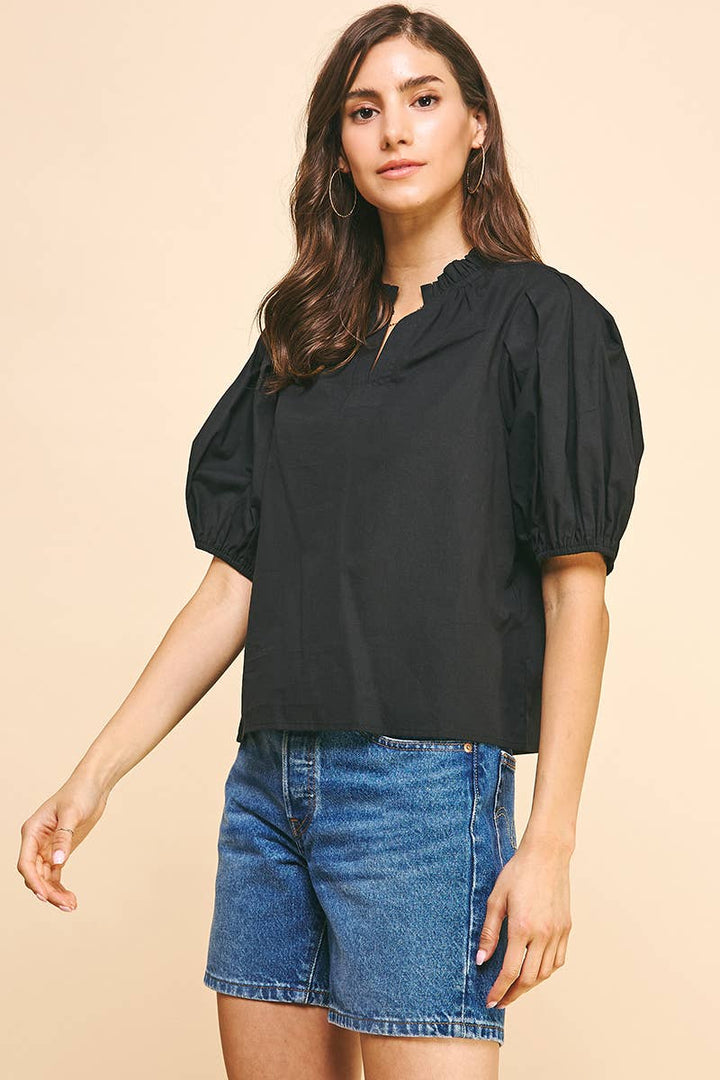 SS V-NECK WOVEN TOP - BLACK: L