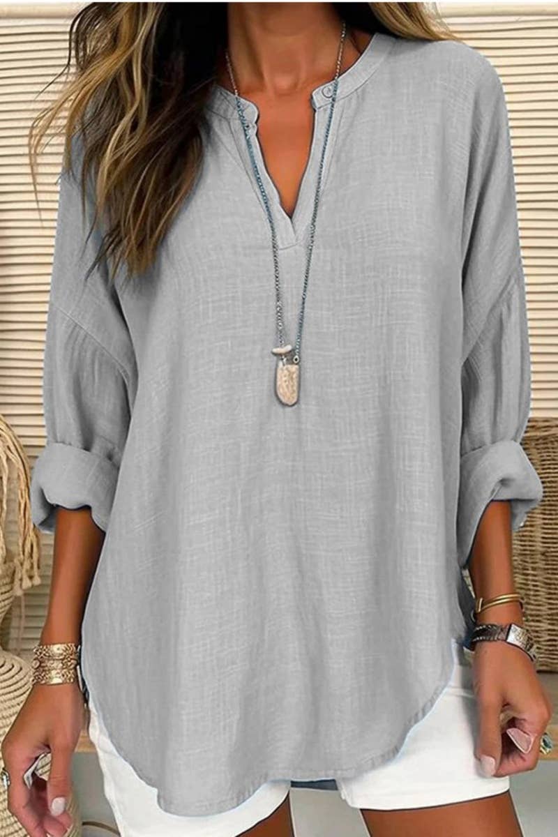 CWTBLL0260_Blouse Linen Long Sleeve Casual V Neck Top: Pink / (S) 1