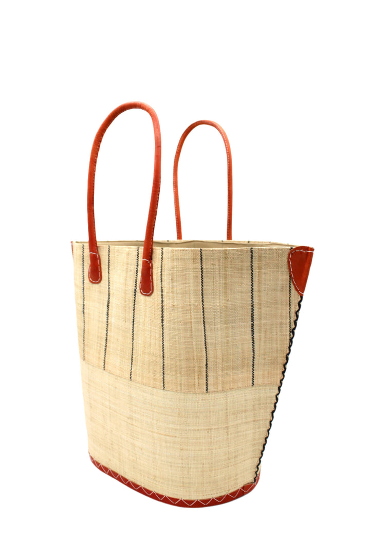 Santa Cruz Two Tone Pinstripes Large Straw Tote Bag: Coral