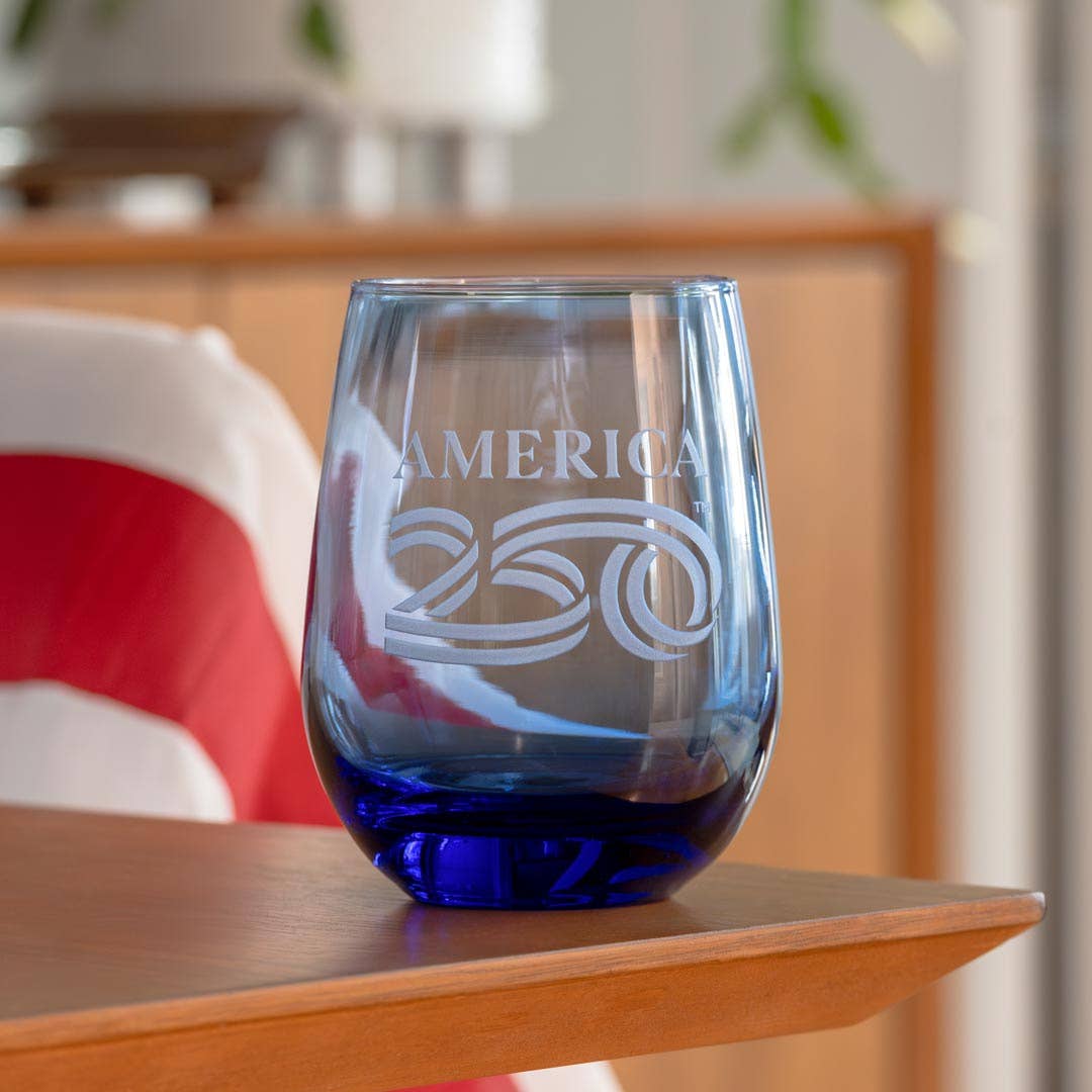 America250™ 15oz Blue Stemless Wine Glass | Set of 12