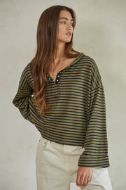 RJ3371 | Knit Striped Round Neck Long Sleeve Pullover Top: Olive Black / S
