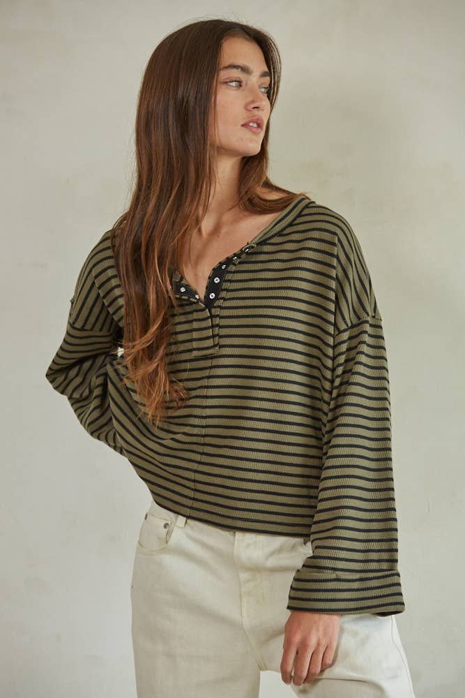 RJ3371 | Knit Striped Round Neck Long Sleeve Pullover Top: Olive Black / S