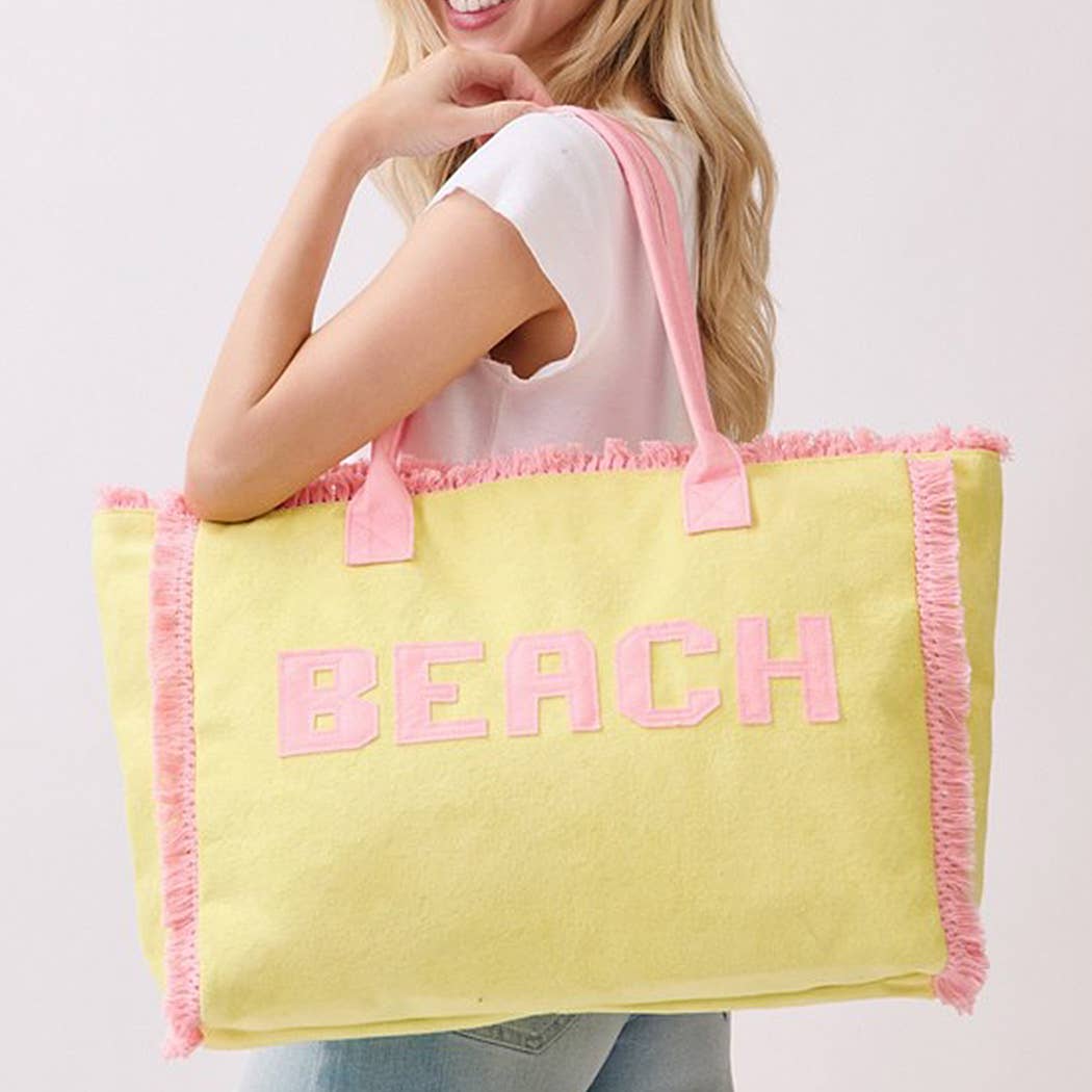 Embroidered Beach Letter Terry Cloth Frayed Tote Bag