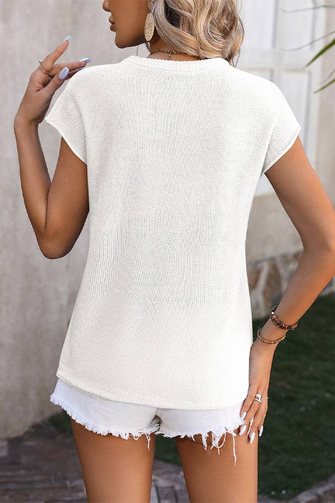 Plain Exposed Seam Knit Round Neck Short Sleeves Top MD114: Green / XL