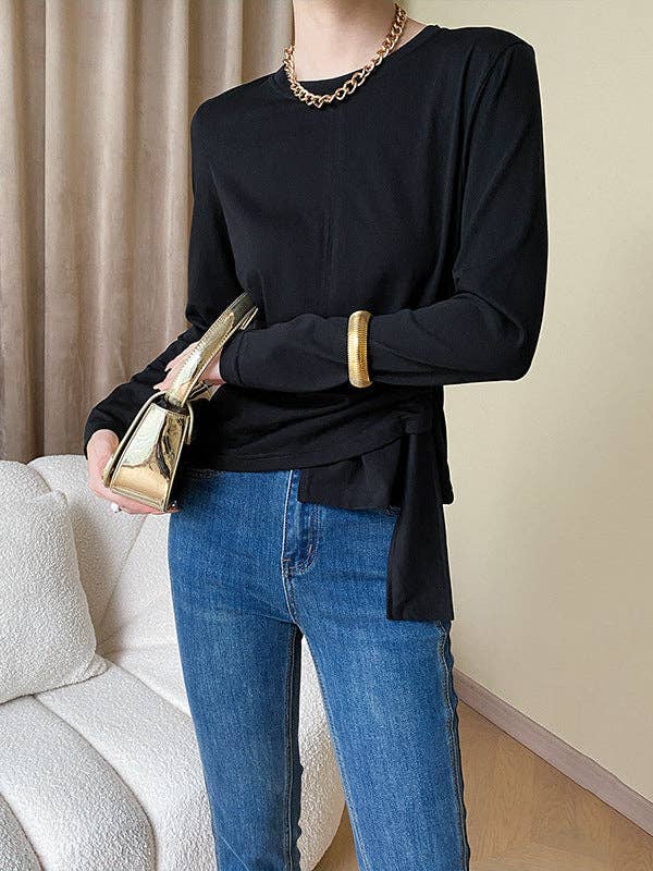 Long Sleeves Asymmetric Bowknot Solid Color Round-Neck T-Shirts Tops: COFFEE / One_size