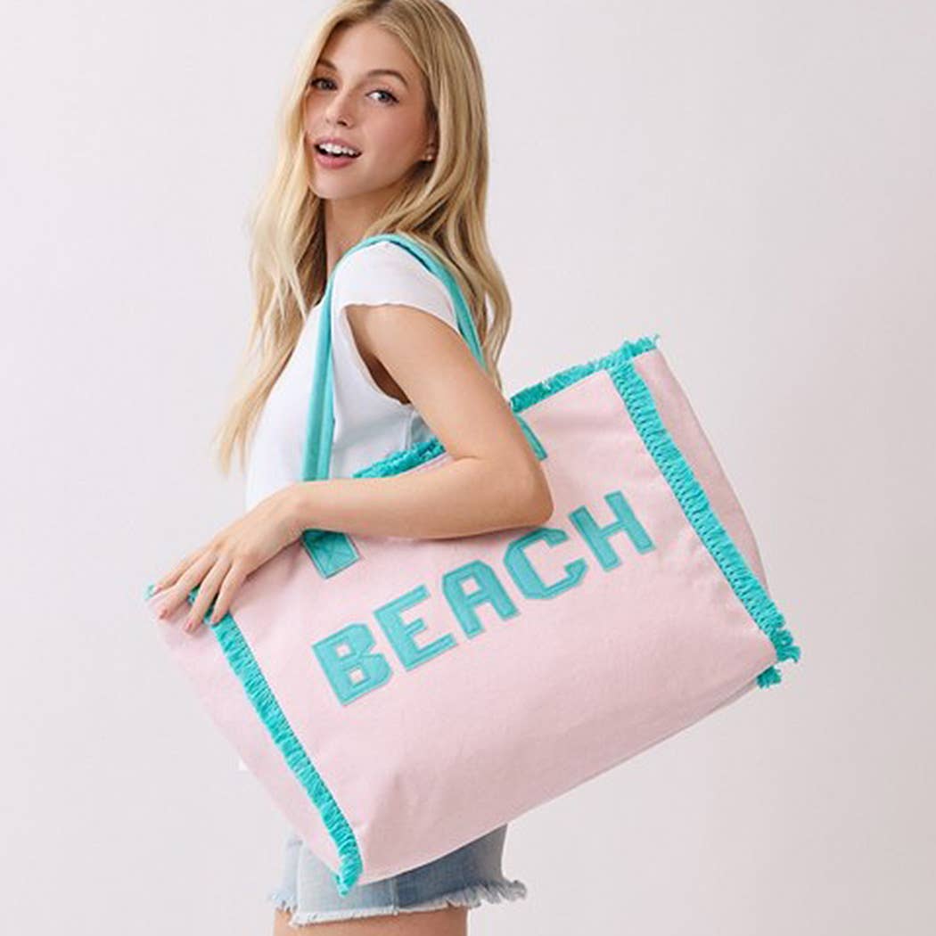 Embroidered Beach Letter Terry Cloth Frayed Tote Bag