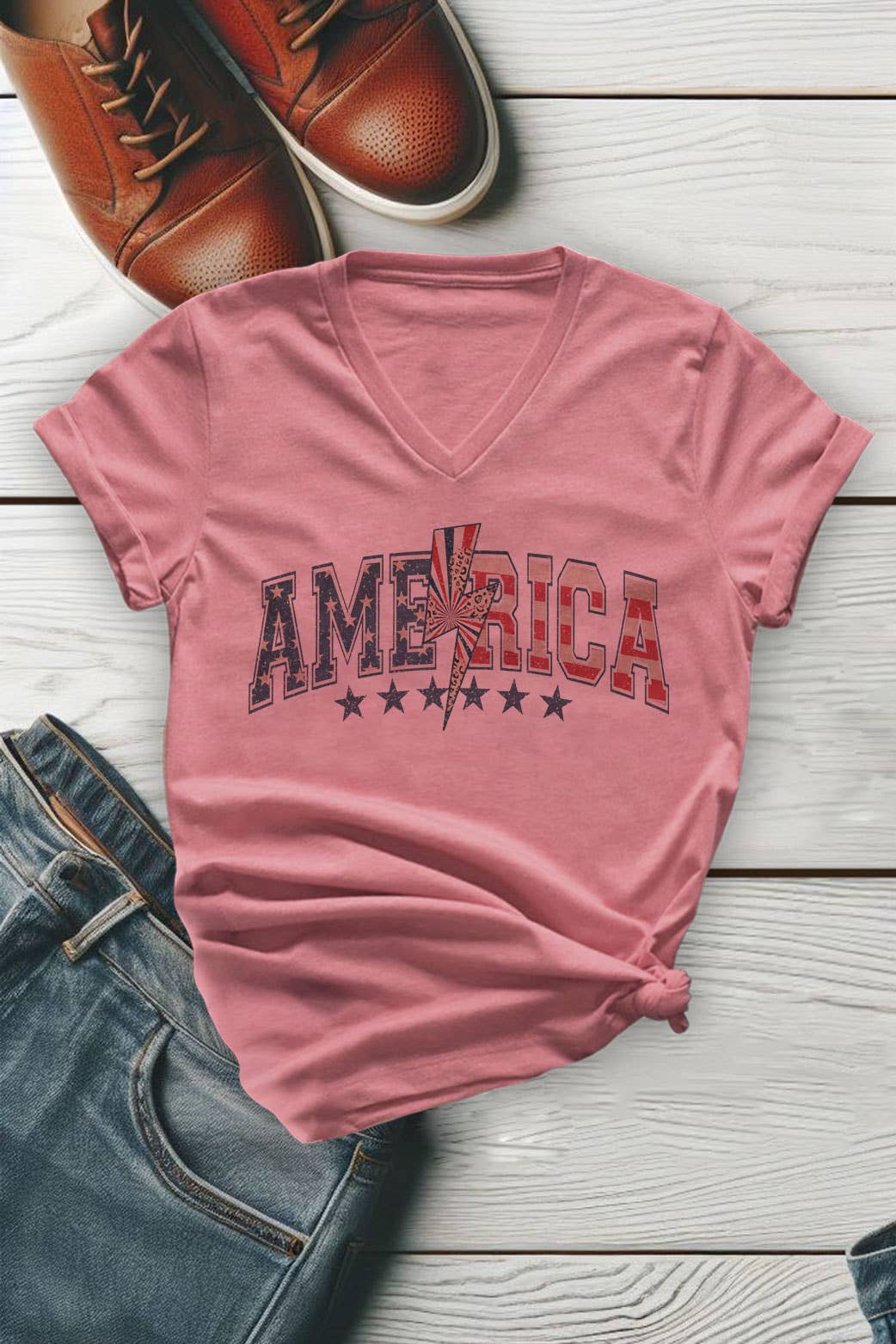 Leopard Lightning Bolt America 4th of July, Unisex V-neck T-Shirt: L / White / Graphic T-Shirt