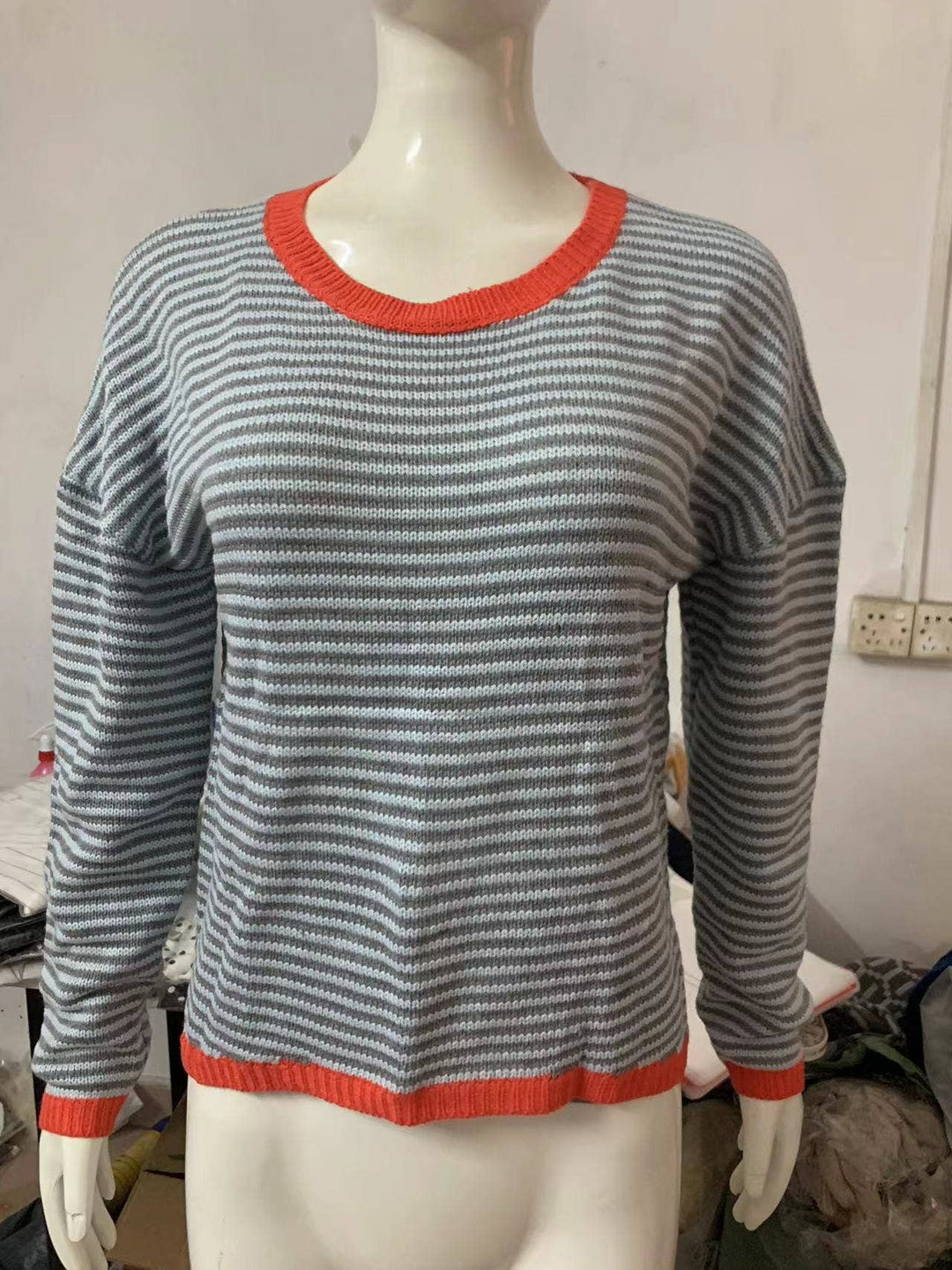 CWOSWL0811_ Long Sleeve Loose Neck Pullover Sweater: GREY / (M) 1