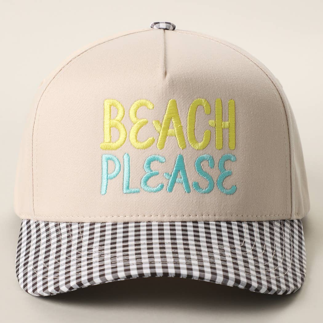 BEACH PLEASE Embroidered Gingham Brim Trucker Hat