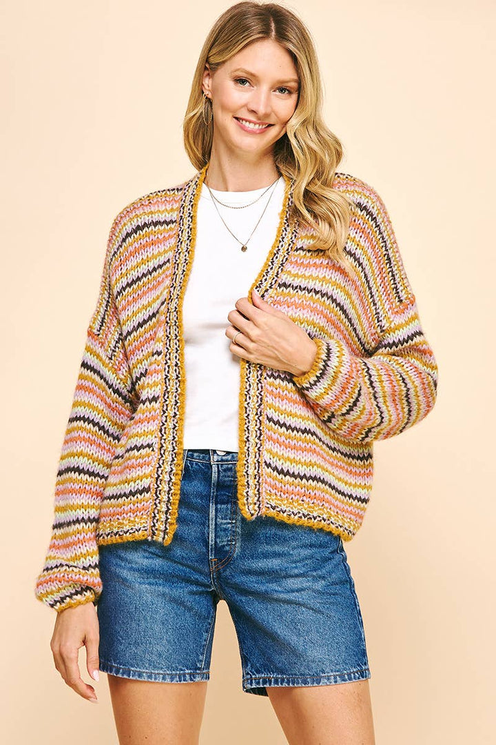 STRIPE OPEN STYLE CARDIGAN - MUSTARD STRIPE: ML