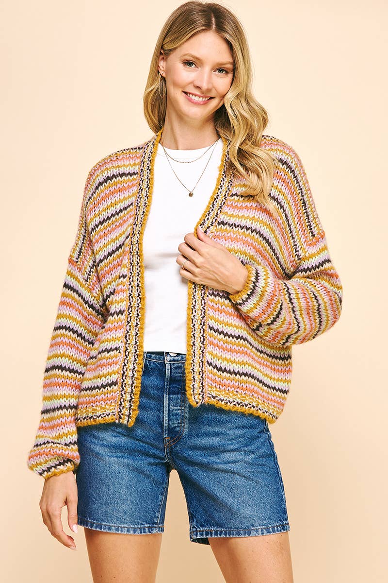 STRIPE OPEN STYLE CARDIGAN - MUSTARD STRIPE: SM