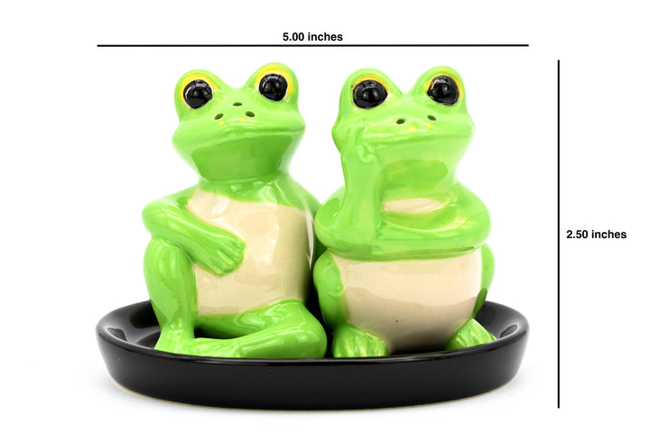 SP919 SALT AND PEPPER SHAKER Frog and black ceramic tray