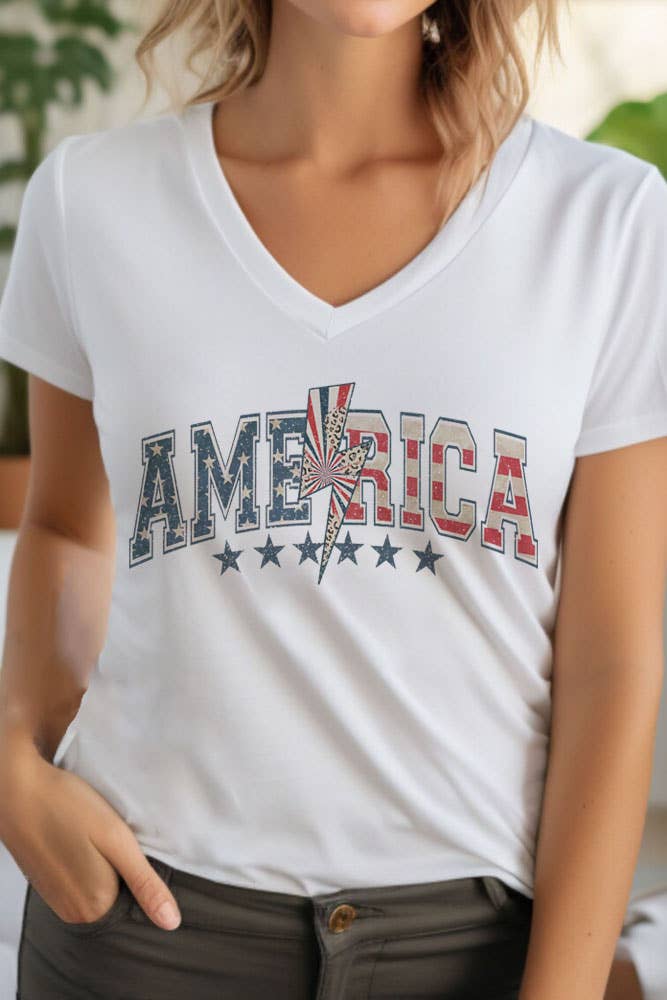 Leopard Lightning Bolt America 4th of July, Unisex V-neck T-Shirt: L / White / Graphic T-Shirt