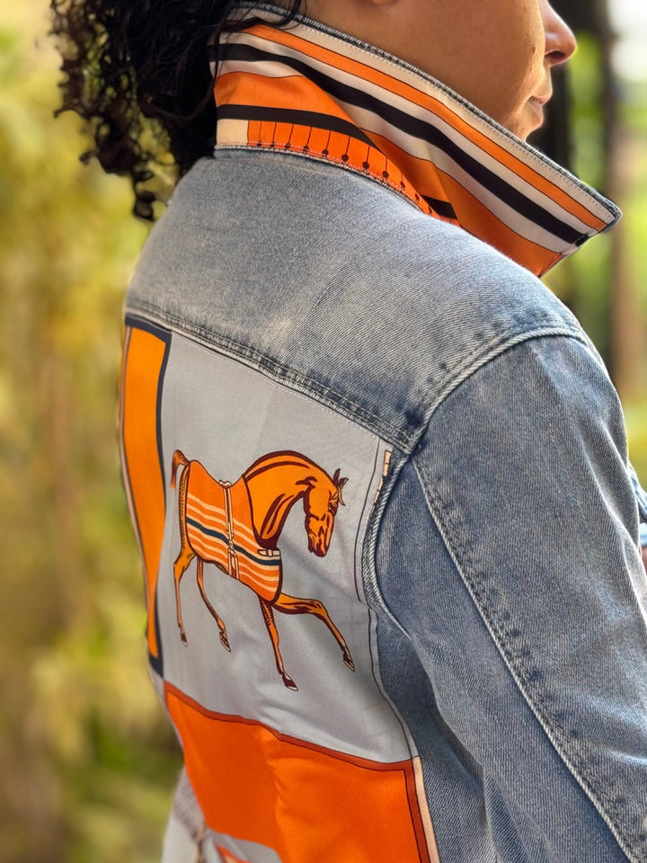 The Light  Denim Jacket /  Light Blue with Orange Horse: Large