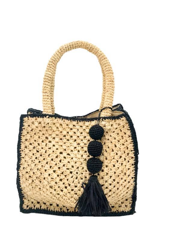 Kimba Crochet Straw Handbag + Sphere Charm Embellishment: Black Trim
