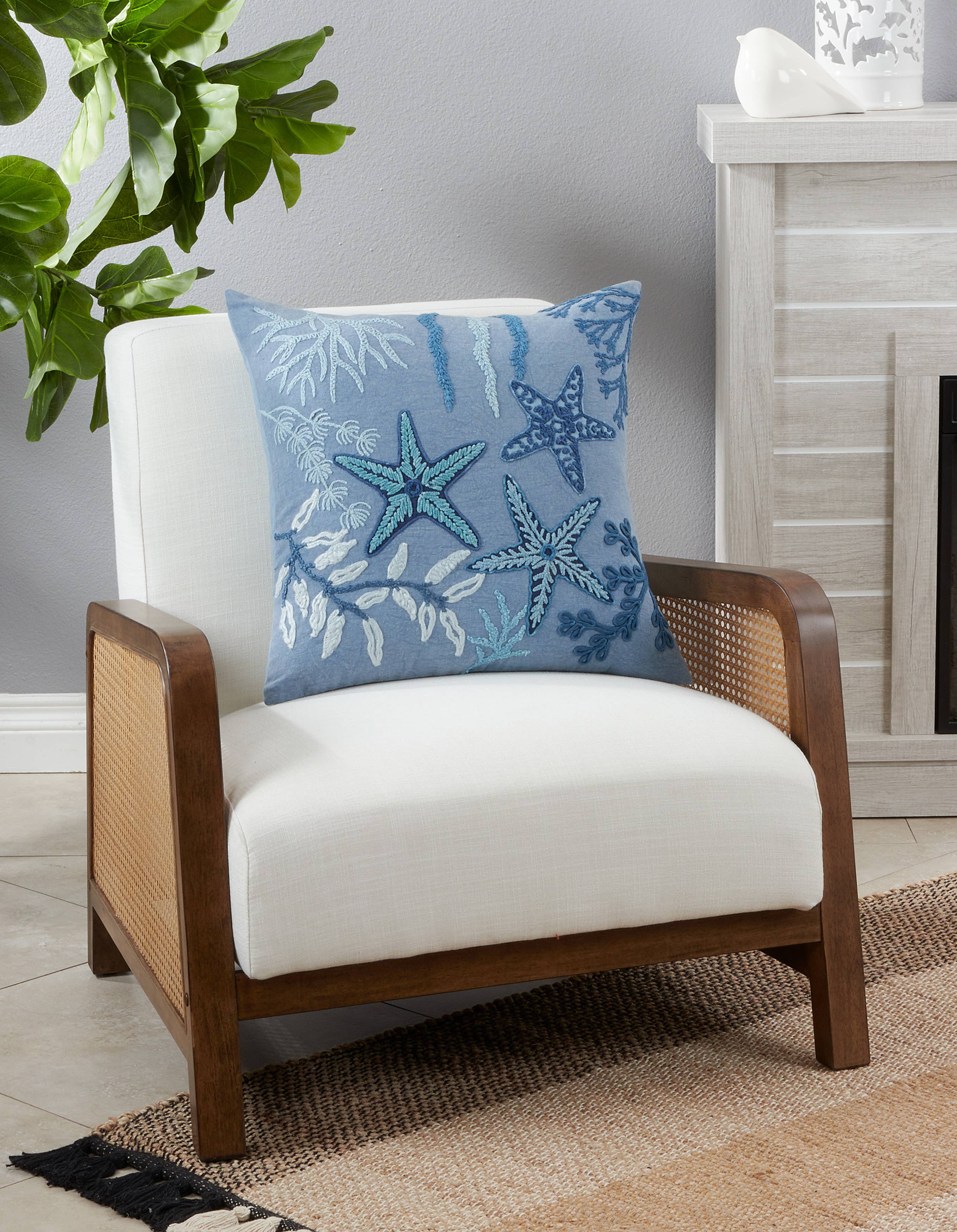 Stonewashed Throw Pillow With Starfish Design: 20" / Blue / Down Filled