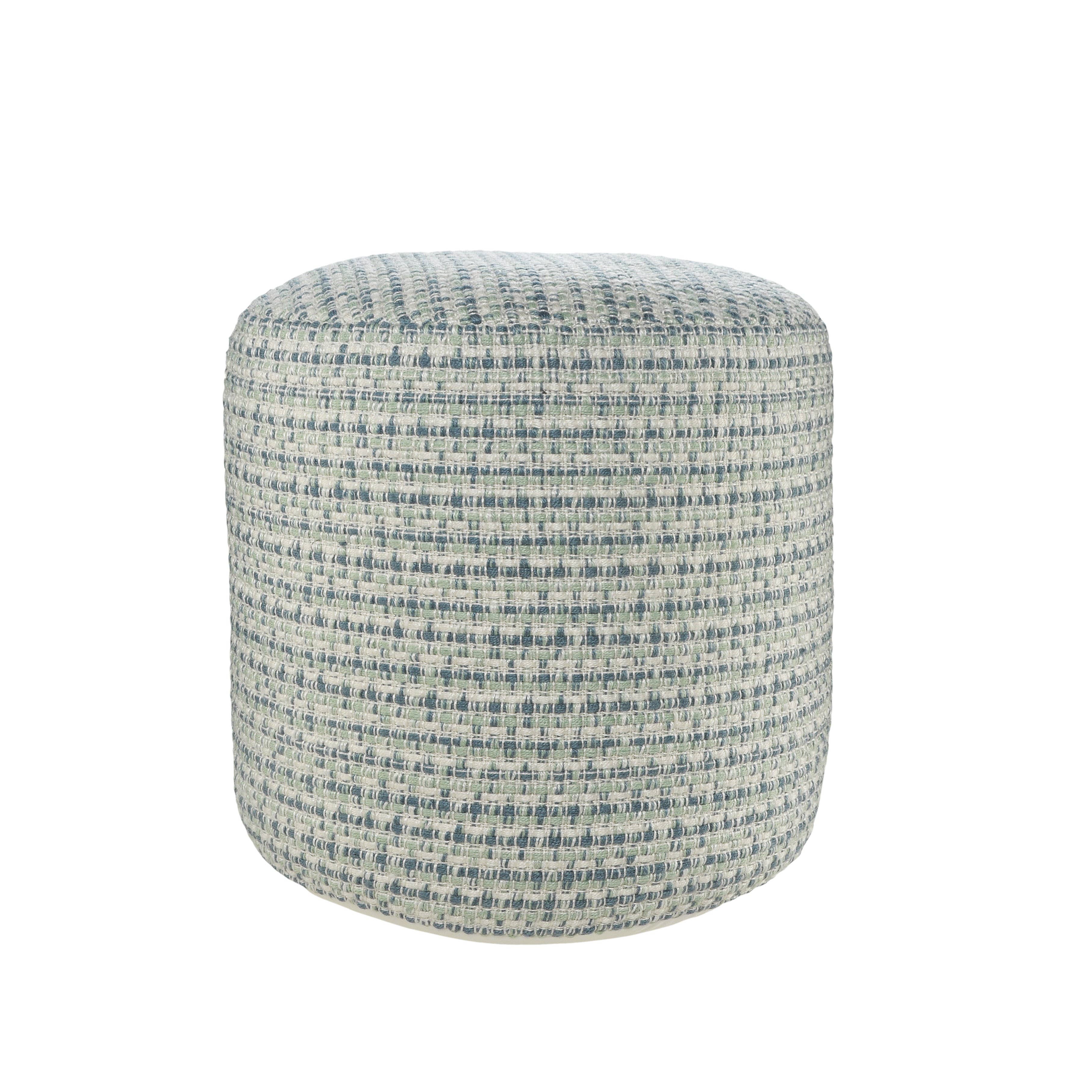 Interwoven Cylinder Multi-Color Indoor Outdoor Pouf: Blue/Green/White