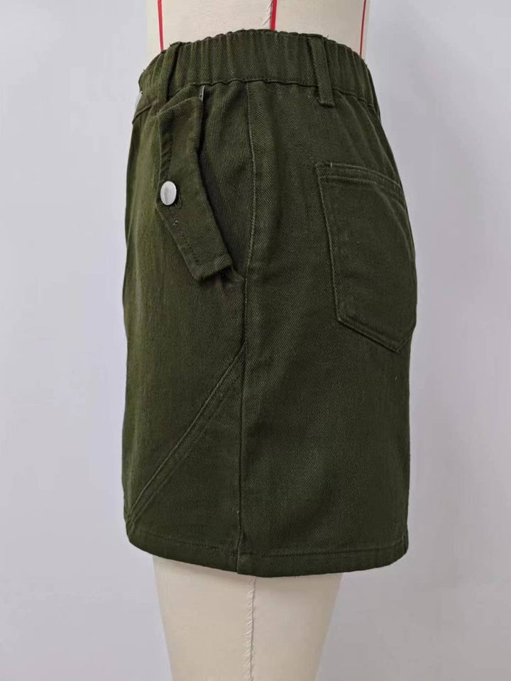 Elastic waist colored high rise cargo denim mini skirt: Beige / M