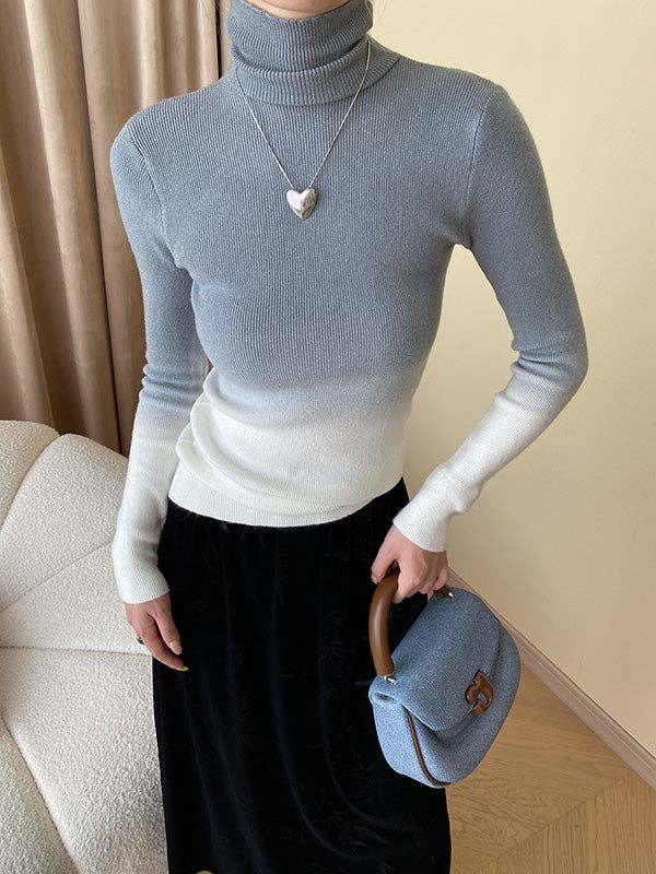 Long Sleeves Skinny Gradient High-Neck Pullovers Sweater Tops: CAMEL / One_size