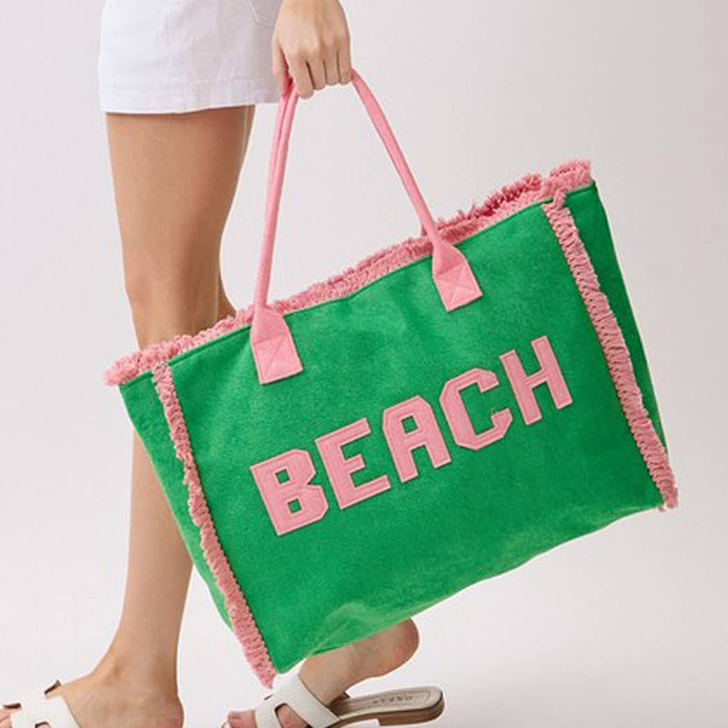 Embroidered Beach Letter Terry Cloth Frayed Tote Bag