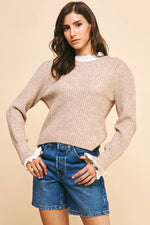 KNIT WOVEN COMBI SWEATER TOP - OATMEAL: L